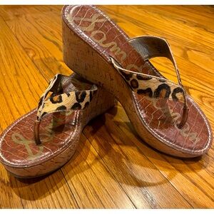 Sam Edelman Cheetah Leopard Print Romy Cork Wedge Platform Sandals Half Calf